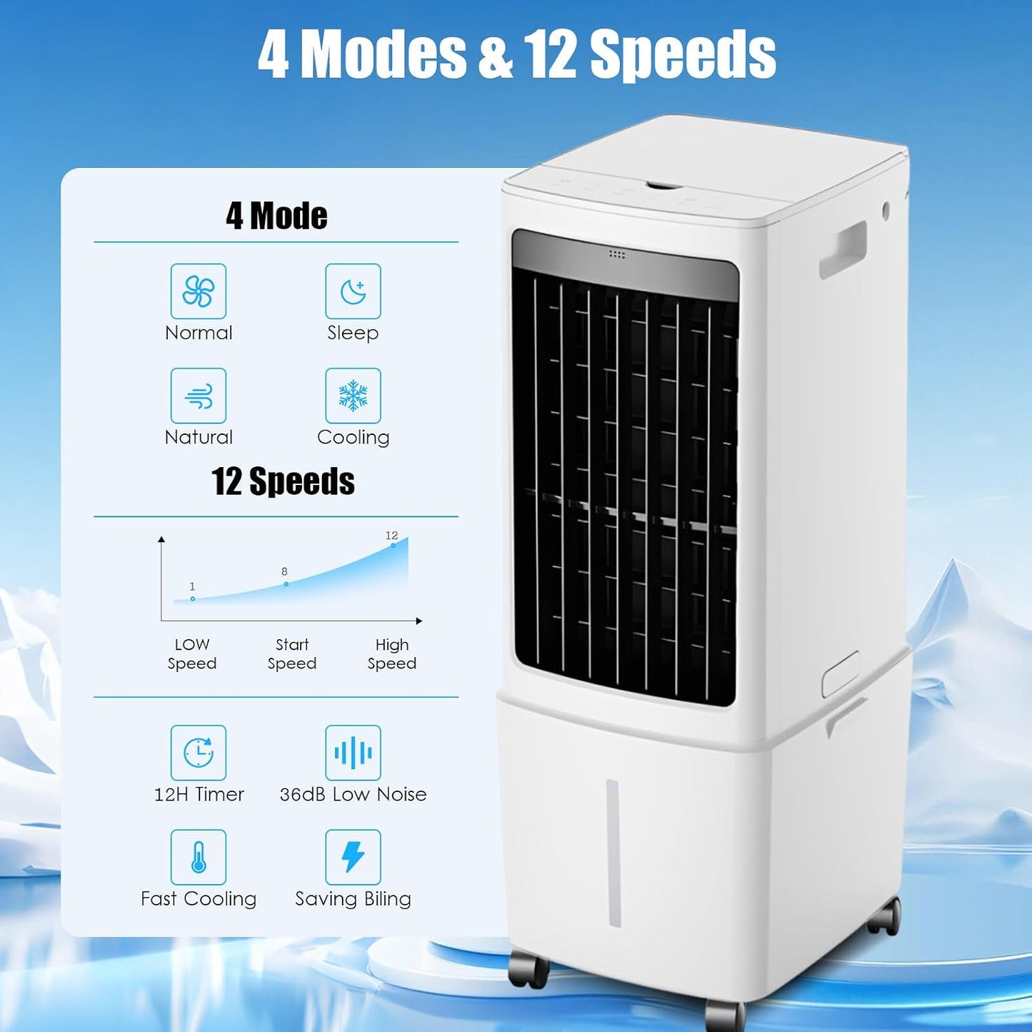  12L Rafraîchisseur D'Air, 3 Vitesses, Climatiseur Mobile Avec Télécommande, Minuterie 1-12h, Oscillation 60°, Silencieux Climatiseur Portable Avec Réservoir Amovible Pour Camping Chambre Cuisine