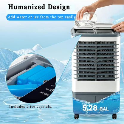  Rafraichisseur D’Air 3 En 1 Avec Télécommande, Climatiseur Mobile Sans Évacuation, Réservoir D’Eau 20L, Oscillation 60°, 3 Vietesses, 3 Modes, Purification, Minuterie 7.5H, Silencieux, Chambre