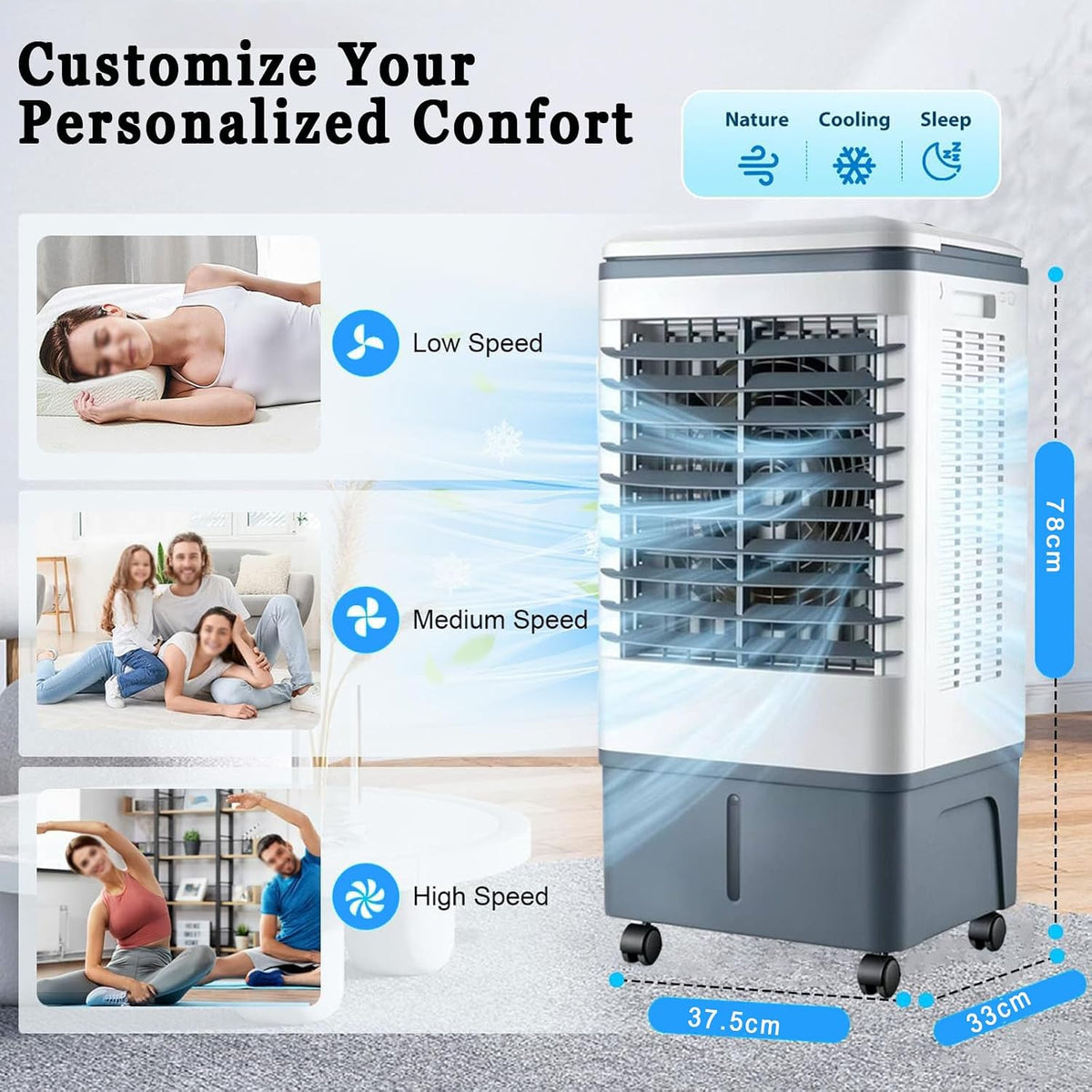  Rafraichisseur D’Air 3 En 1 Avec Télécommande, Climatiseur Mobile Sans Évacuation, Réservoir D’Eau 20L, Oscillation 60°, 3 Vietesses, 3 Modes, Purification, Minuterie 7.5H, Silencieux, Chambre