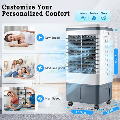  Rafraichisseur D’Air 3 En 1 Avec Télécommande, Climatiseur Mobile Sans Évacuation, Réservoir D’Eau 20L, Oscillation 60°, 3 Vietesses, 3 Modes, Purification, Minuterie 7.5H, Silencieux, Chambre