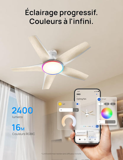  DREO Ventilateur De Plafond Intelligent à Profil Bas Avec Lumière 132 Cm, LED Dimmable à Température De Couleur Réglable, éclairage D’ambiance RGB, Moteur CC Silencieux, Installation Facile, Blanc，APP