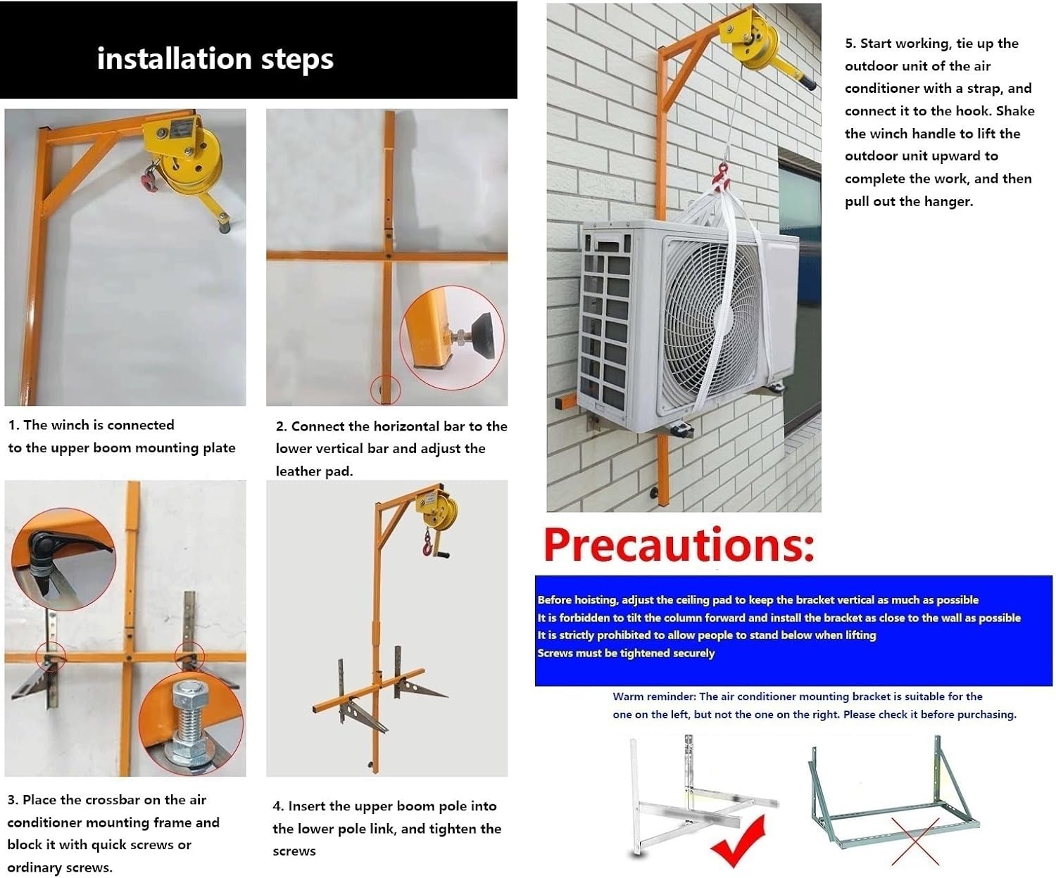  Outil De Levage Robuste Pour Climatiseur + Treuil Manuel Et Support, Capacité De 300 Kg, Treuil Autobloquant De 25 M Pour Une Installation Facile Du Climatiseur Et Une Ma