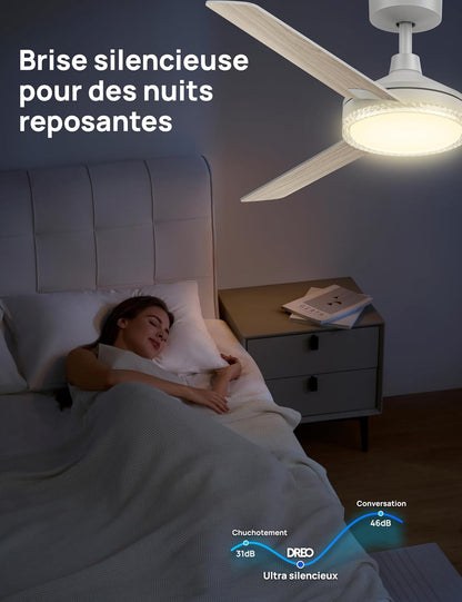  DREO Ventilateur De Plafond Avec Lumière Et Télécommande 132 Cm, Ventilateur Blanc, 5 Températures De Couleur CCT, LED Dimmable 6 Niveaux, 6 Vitesses, Moteur CC Réversible Silencieux, Minuterie 1/4/8h