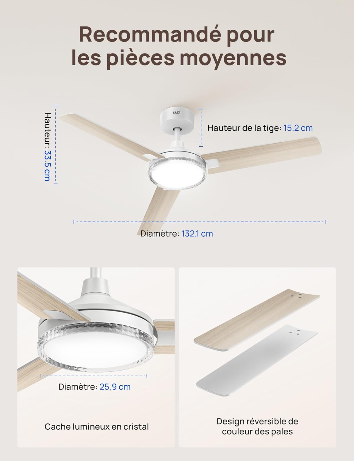  DREO Ventilateur De Plafond Avec Lumière Et Télécommande 132 Cm, Ventilateur Blanc, 5 Températures De Couleur CCT, LED Dimmable 6 Niveaux, 6 Vitesses, Moteur CC Réversible Silencieux, Minuterie 1/4/8h