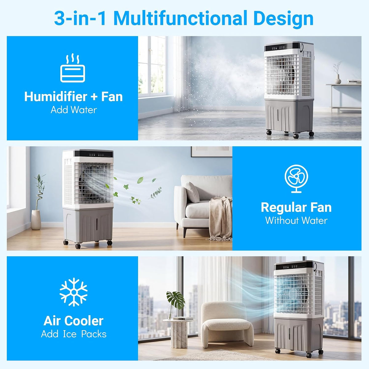 GENERIC Refroidisseur D'air Par évaporation Avec Télécommande, Ventilateur De Refroidissement à 3 Vitesses, Humidificateur, Affichage LED, Minuterie 12h, AC Mobile Portable Pour Chambre à Coucher, Avec 4