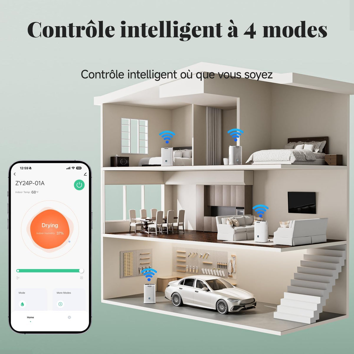  Déshumidificateur Intelligent 22 L/jour Pour La Maison, La Cave, La Chambre à Coucher – Silencieux, Puissante évacuation De L'humidité, Dégivrage Automatique, Verrouillage Enfant, Filtre à