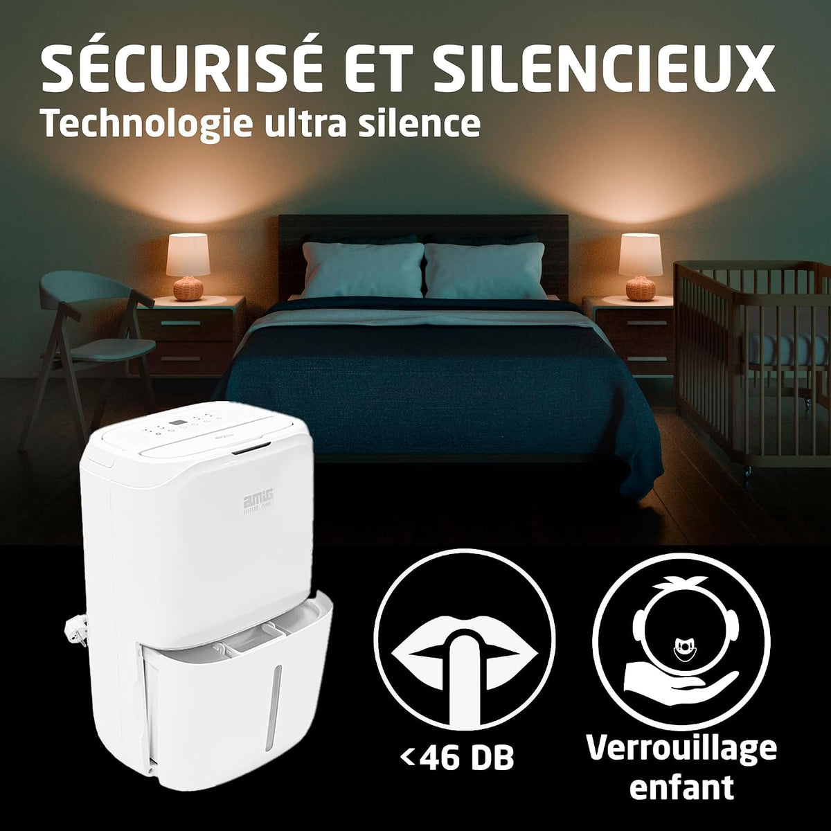  Amig – Déshumidificateur MIST - Capacité 25L/Jour - Régulation De L'humidité Et Minuterie - Réservoir D'eau Amovible 5,5L - 36x28x56 Cm - 370W - Couverture 170m³/h - Silencieux 46 DB - Séchage Linge