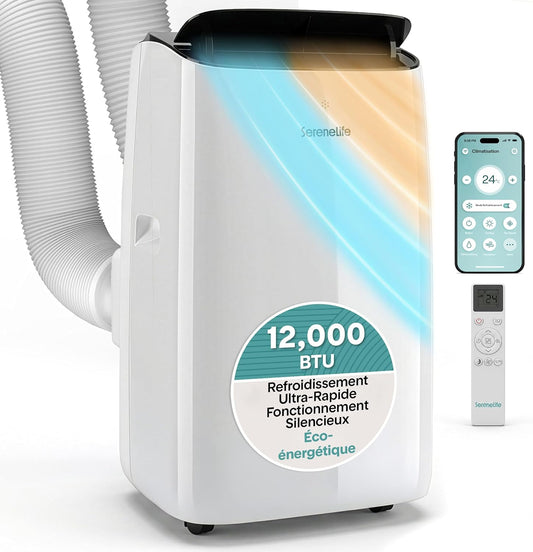  SereneLife Climatiseur Mobile Inverter A+++ 12000 BTU Double Tuyau – 4 En 1 Refroidissement Chauffage Déshumidification Ventilation, Auto-Swing, WiFi, Ultra Silencieux 44 à 49 DB Avec Kit Fenêtre