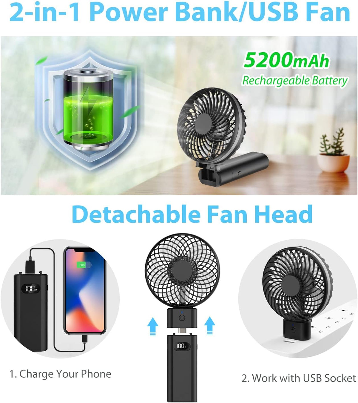  Jonwall Mini Ventilateur De Bureau Portable USB Rechargeable à Piles 5200mAh Avec Fonction De Banque D'alimentation 5 Vitesses Pliable Personnel Noir
