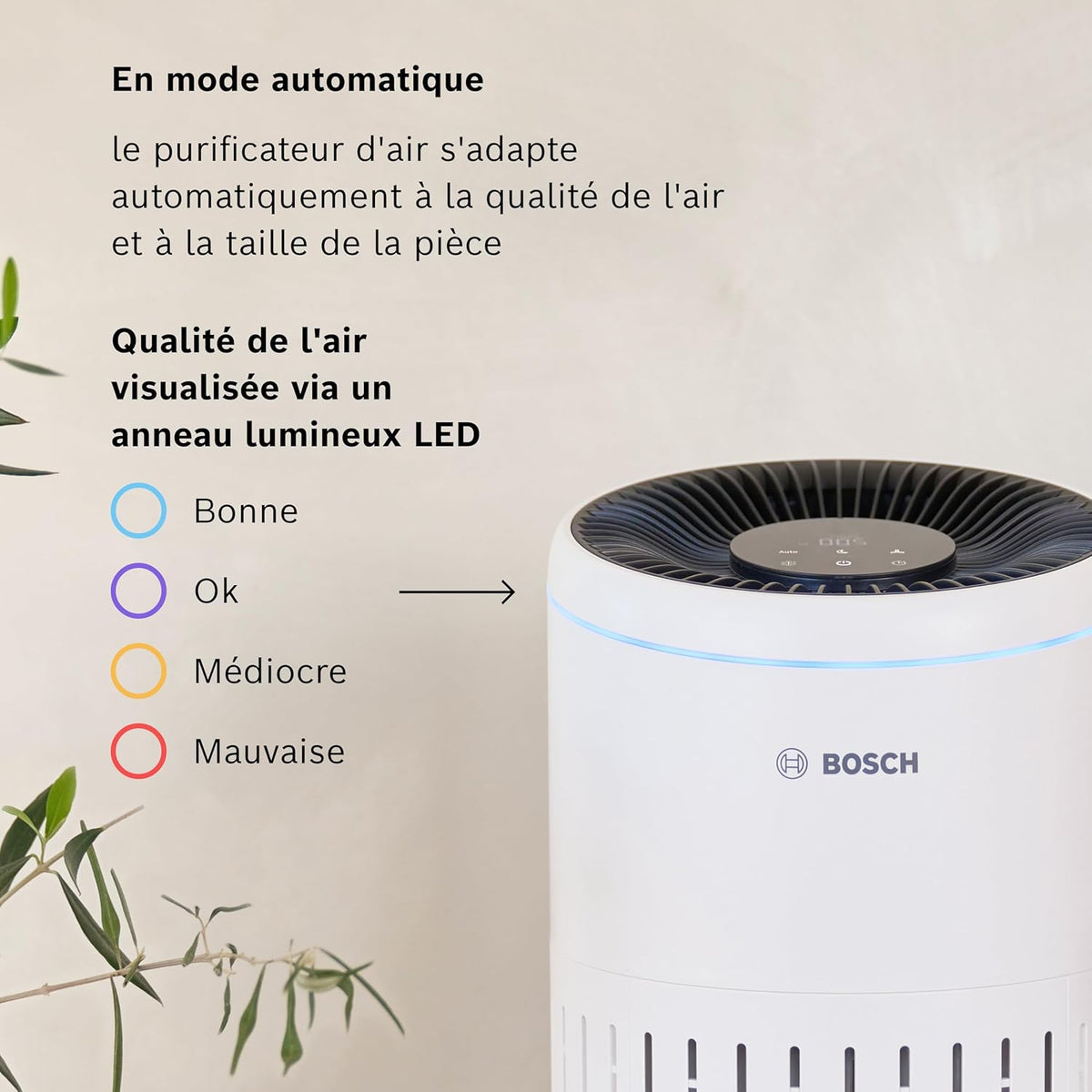  Bosch Air 2000 Purificateur D'air - Élimine Les Polluants, Avec Un Filtre à Air Et Un Mode Sommeil (< 25 DB(A)) - Pour Jusqu'à 37,5 M² - Avec Capteur Intelligent Et Mode Automatique - CADR : 180 M³/h