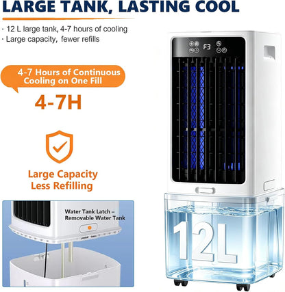 GENERIC Refroidisseur D'air Par évaporation Portable 3 En 1 Avec Réservoir D'eau De 12 L, Ventilateur à Oscillation Automatique De 120°, Unité AC Sans Fenêtre à Faible Consommation, For Chambre à Coucher