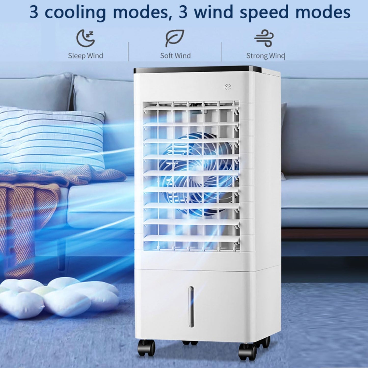 GENERIC Refroidisseur D'air évaporatif Portable Climatiseur 90° Large Oscillant Ventilateur De Refroidissement Avec 4 Modes 3 Vitesses 15H Minuterie Télécommande & Ice Packs 9L Réservoir D'eau Refroidisseur D