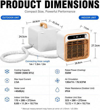  Climatiseur Split Portable 5000 BTU, AC Pour Camping 2m | Structure Compacte Tactile, Climatisation De Bureau Avec Option Tuyau Long 1m/1.5m/2m, Minuterie 12H Lit
