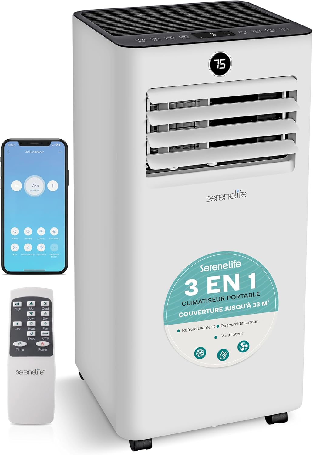  SereneLife Climatiseur Mobile WiFi 9000 BTU 4 En 1 – Silencieux Avec Chauffage Déshumidificateur Kit Fenêtre Roulettes Pour Chambre Bureau Maison Blanc