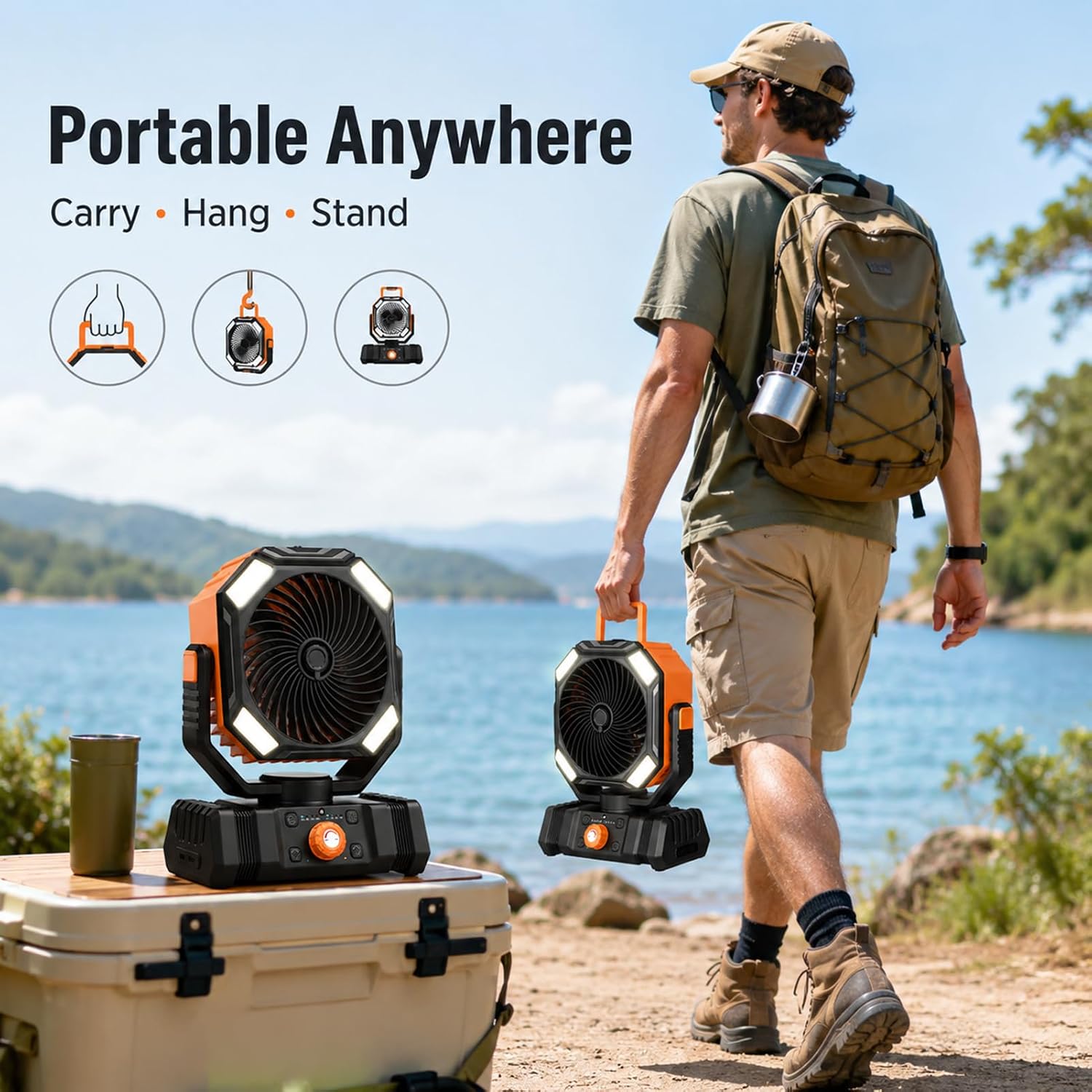  Ventilateur De Camping Rechargeable 10000mAh Avec Lanterne LED, Ventilateur Brumisateur Portable Avec Oscillation Auto Pour Tente, Accessoire Camping Avec Télécommande, ABS, Orange