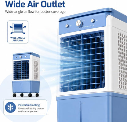  Rafraîchisseur D’Air Évaporatif Avec Grand Réservoir D’Eau, Refroidisseur D'air Mobile Avec Roulettes, Panneau De Contrôle Simple, Pour Maison Chambre Salon Bureau Blue B