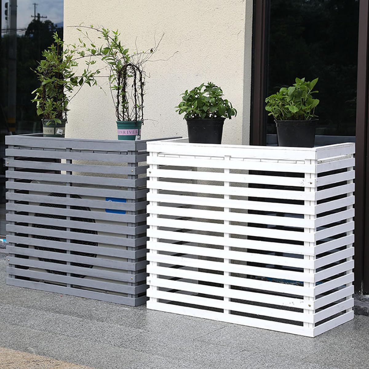  Housse De Climatiseur D'extérieur En Bois Massif Avec Persiennes Pour Unité De Climatisation Et Support De Fleurs Polyvalent, Résistant Aux Intempéries, Taille G - 105 X 45 X 95 Cm