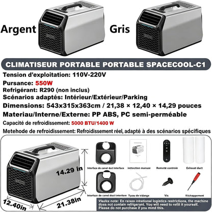  Climatiseur Portable Camping Car 5000 BTU, Climatiseur Pour Camping-Car Tente Camion Voiture, Refroidissement Rapide, Déshumidification, Climatiseur Mobile Silencieux 52 DB, Intérieur Extérieur Silver