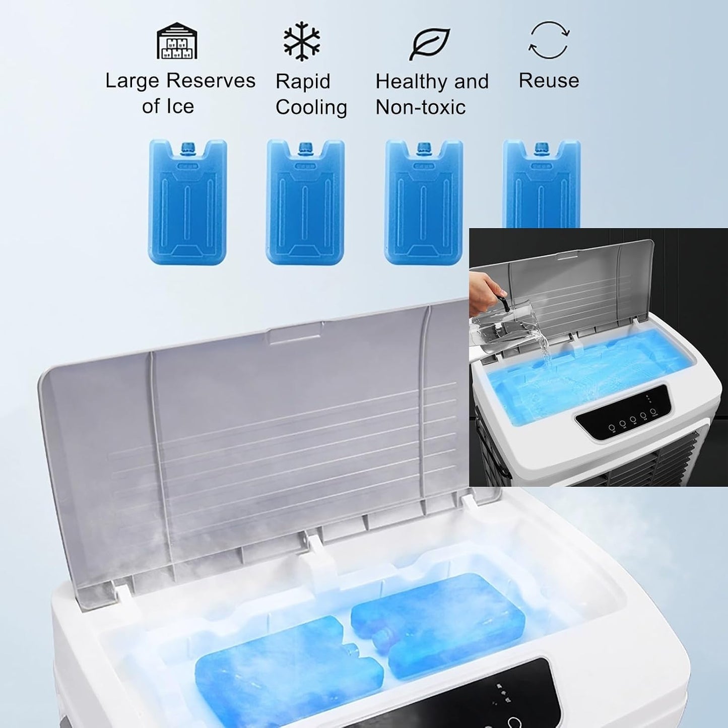 GENERIC Ventilateur De Refroidisseur D'air évaporatif, Refroidisseur De Marais 3 En 1 Avec Oscillation à 120 °, Réglages à 3 Vitesses, Grand Réservoir D'eau, Roues Pour La Mobilité, Idéal Pour Les Grands Espa