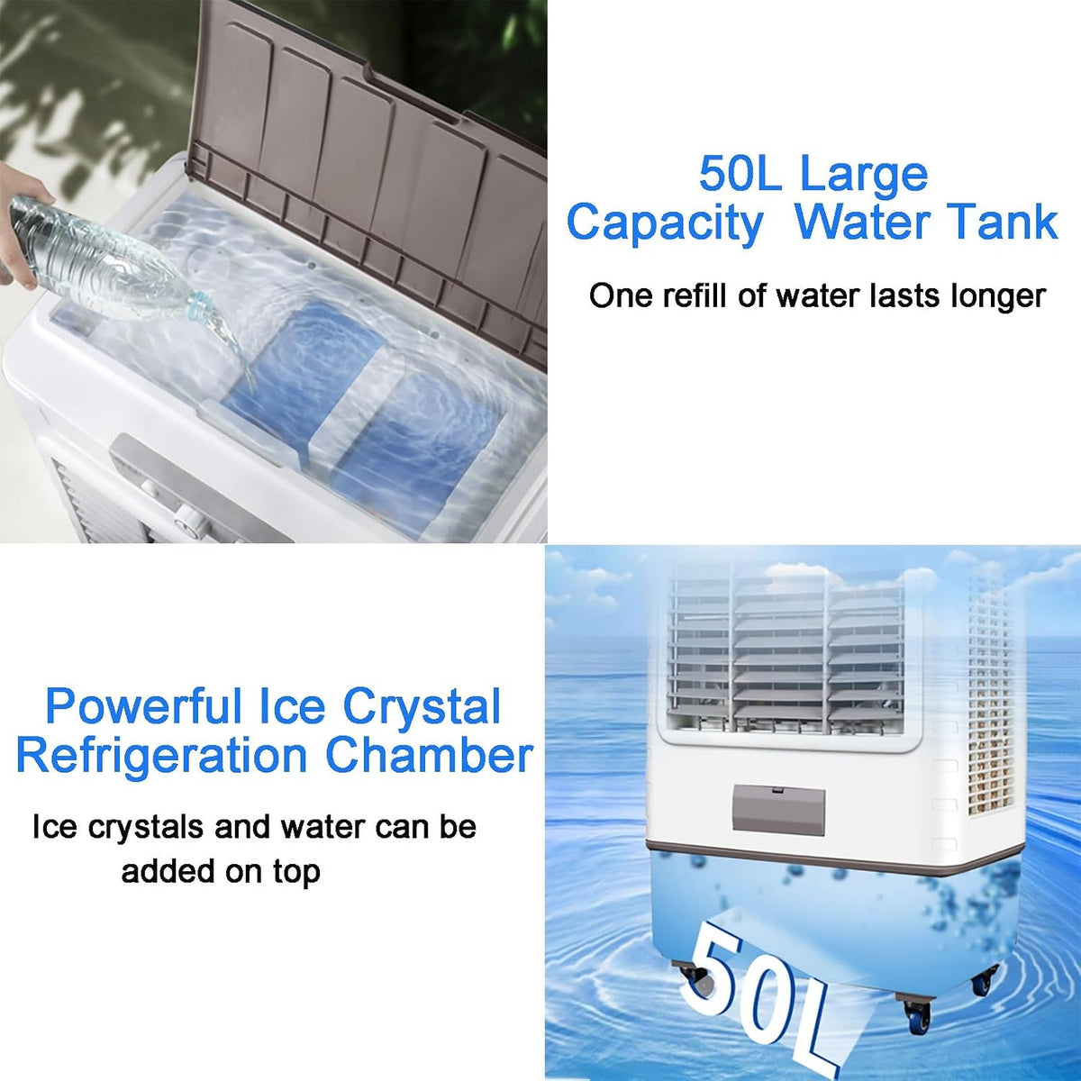 GENERIC Refroidisseur évaporatif Robuste, Ventilateur Mobile à Volume D'air élevé Avec Réservoir 50L, Persienne Réglable Pour Le Refroidissement Et L'humidification De L'entrepôt D'atelier Industriel