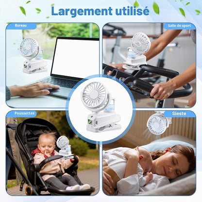  JIZZU Ventilateur à Pince, Mini Ventilateur Rechargeable Par USB Avec Spray Humidificateur, à 4 Vitesses Avec Clip, Affichage LED, Small Table Fan Pour Bureau, Maison, Camping - Blanc