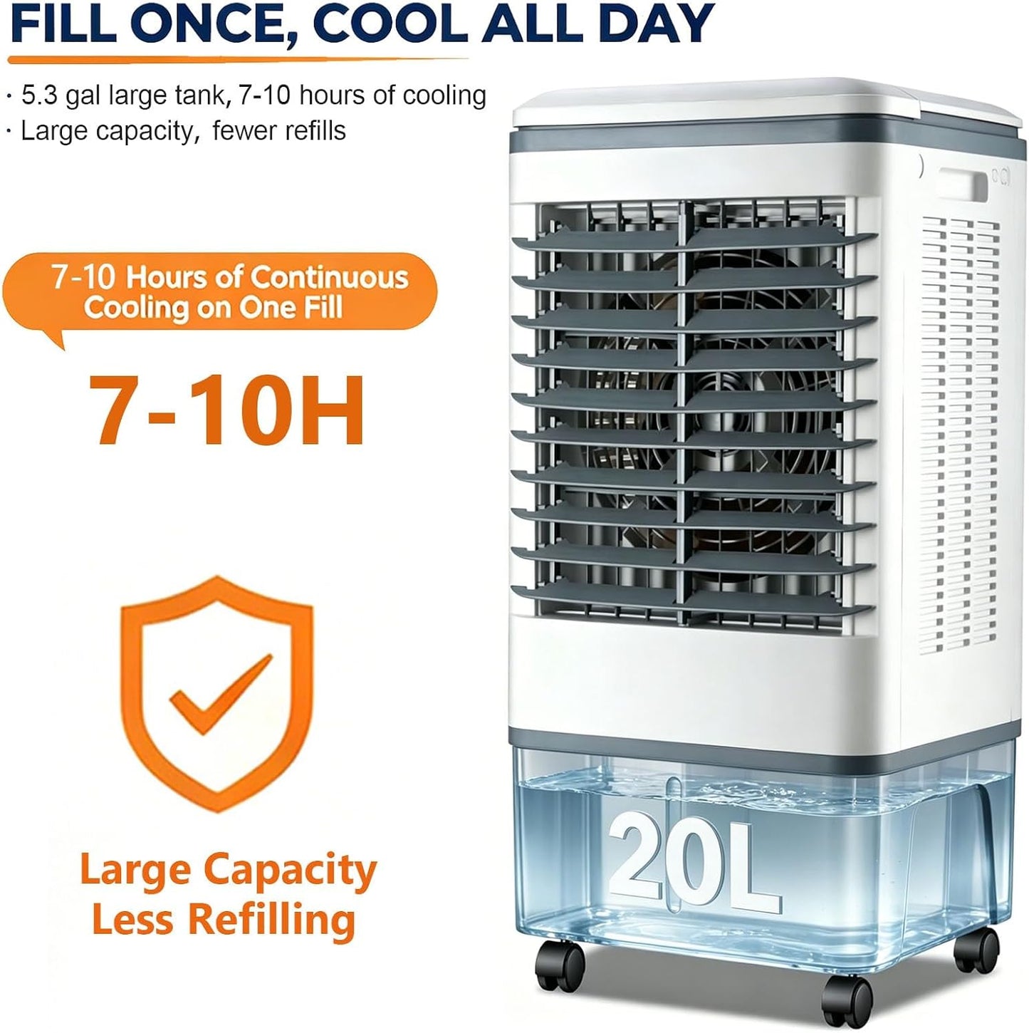 GENERIC Refroidisseur D'air Et Ventilateur 3 En 1, Rotation Automatique à 120°, 4 Roulettes Lisses, Réservoir De 20 L, Refroidissement De 1177 CFM, 3 Vitesses, Avec 2 Blocs De Glace, For Appartement RV