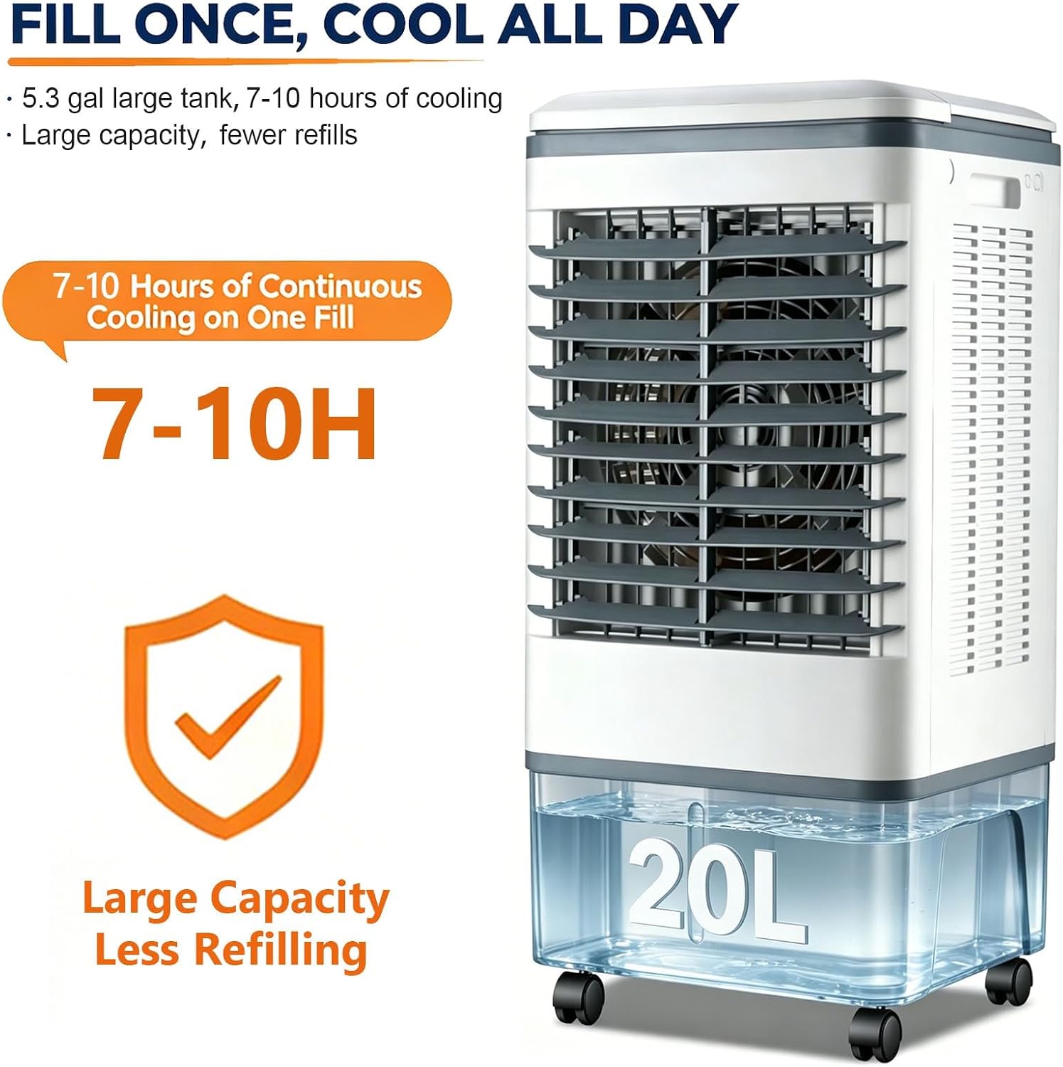 GENERIC Refroidisseur D'air Et Ventilateur 3 En 1, Rotation Automatique à 120°, 4 Roulettes Lisses, Réservoir De 20 L, Refroidissement De 1177 CFM, 3 Vitesses, Avec 2 Blocs De Glace, For Appartement RV