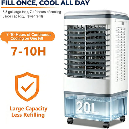 GENERIC Refroidisseur D'air Et Ventilateur 3 En 1, Rotation Automatique à 120°, 4 Roulettes Lisses, Réservoir De 20 L, Refroidissement De 1177 CFM, 3 Vitesses, Avec 2 Blocs De Glace, For Appartement RV