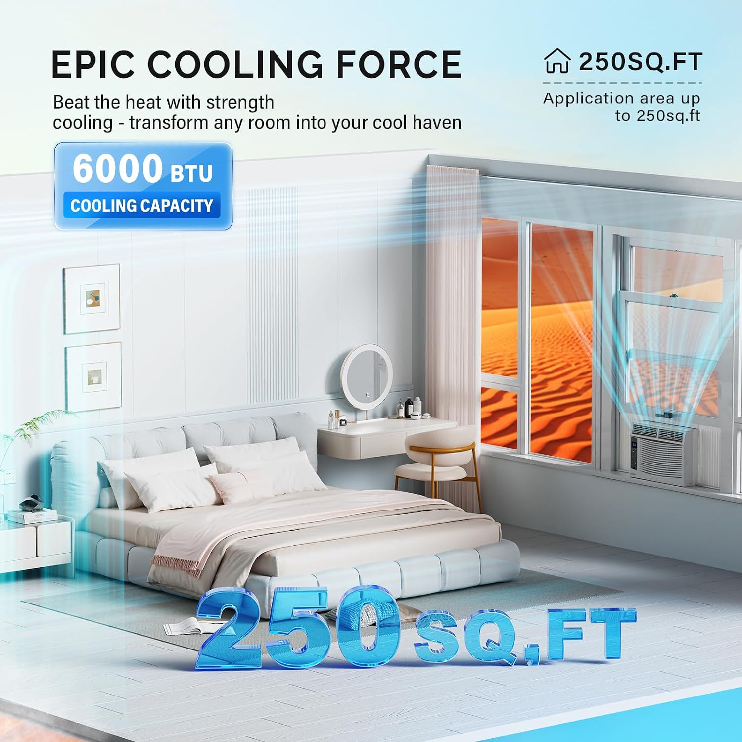  ROVSUN Climatiseur Pour Fenêtre, 6000 BTU, Télécommande Et Minuteur, Idéal Pour Les Pièces Jusqu'à 250 M², 110 V/60 Hz, Blanc