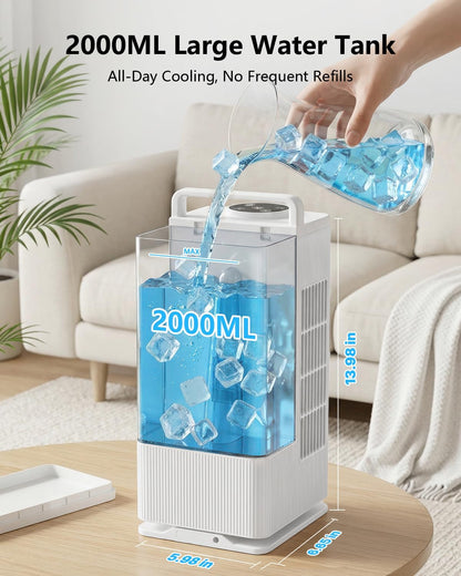  Climatiseur Portable De 2000 Ml, Mini Climatiseur Par évaporation Avec Oscillation De 120°, 7 Modes D'éclairage RVB, 4 Vitesses Et Minuterie De 1 à 8 H Pour Chambre à Coucher Et Bureau