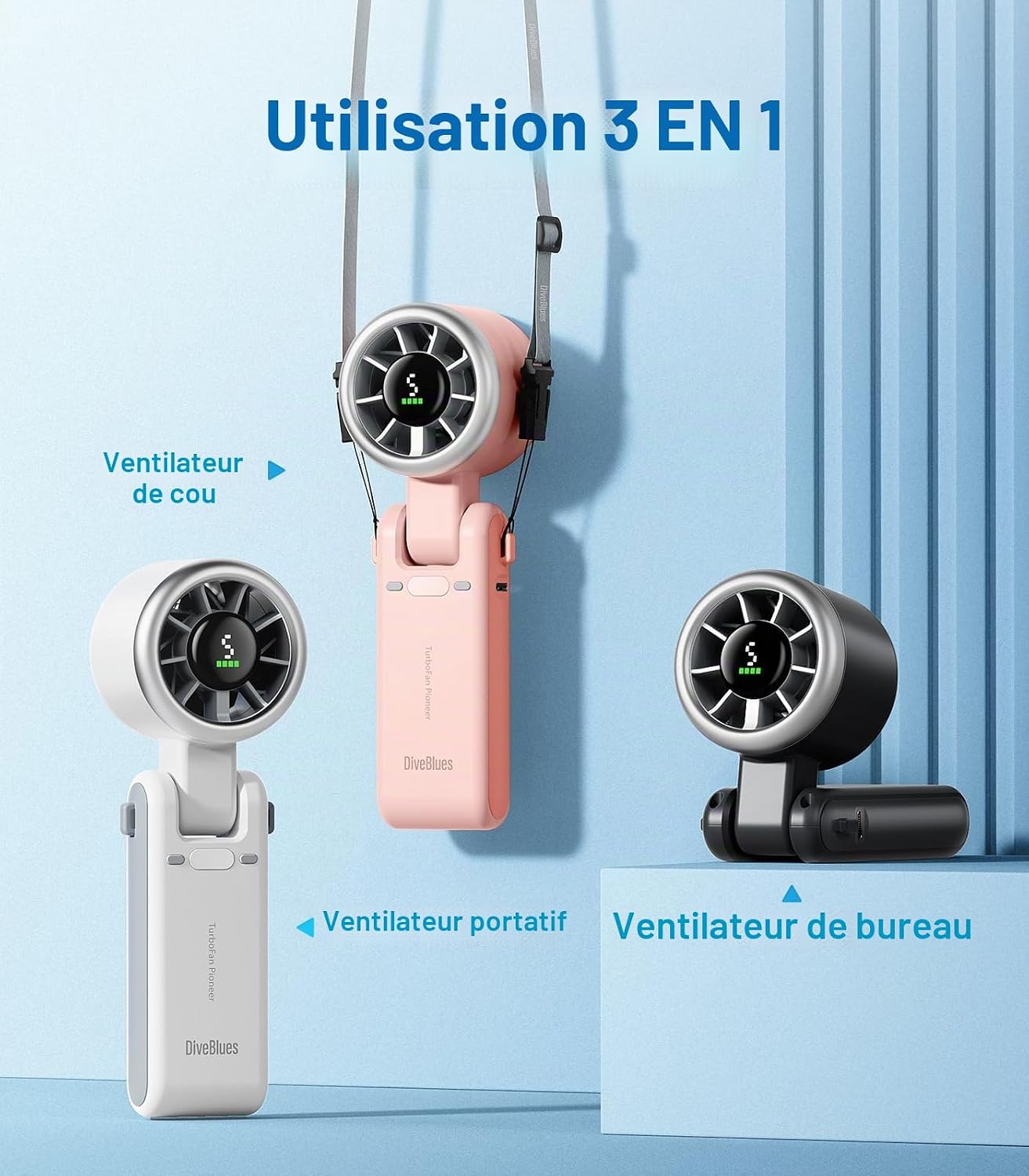  Diveblues Ventilateur Portable à Main, Ultra Rapide 10m/s, 5 Vitesses, Batterie Rechargeable, Jusqu'à 12h, Ventilateur De Poche Avec Technologie Turbo Pour Extérieur, Voyage, Noir