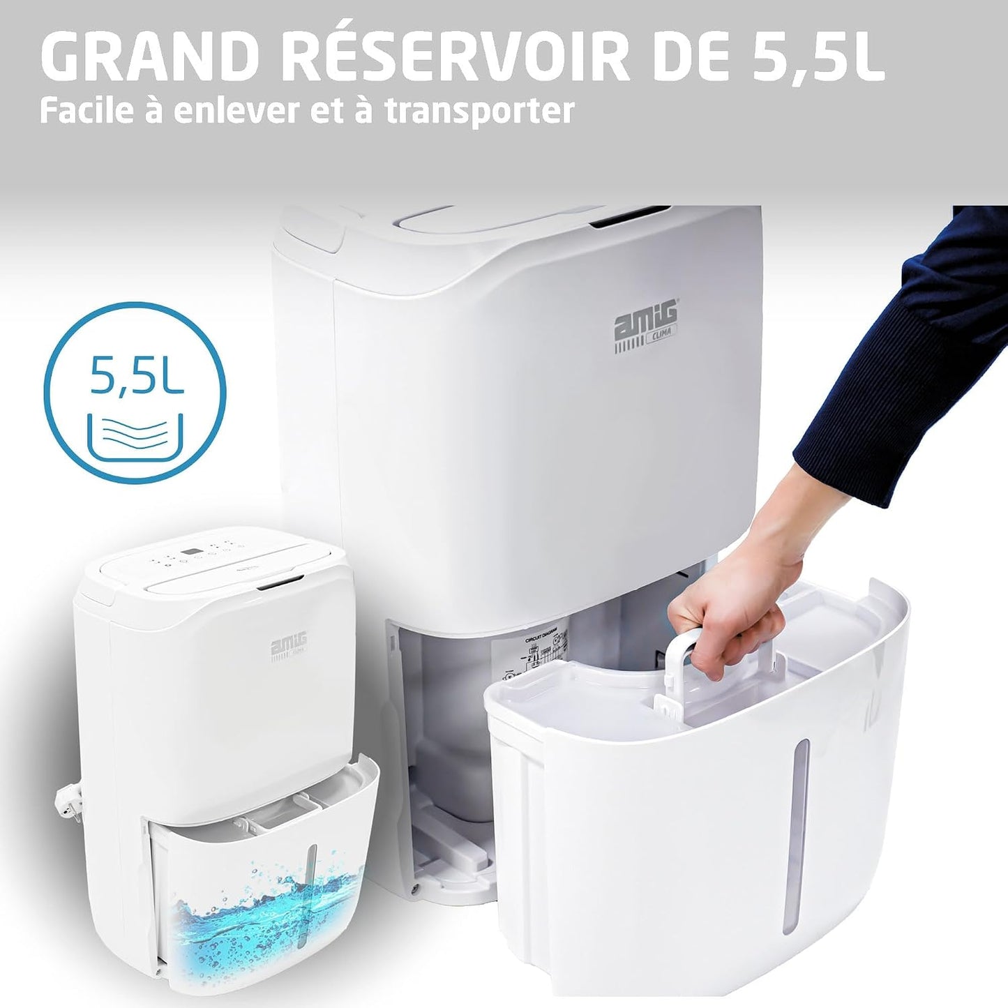  Amig – Déshumidificateur MIST - Capacité 25L/Jour - Régulation De L'humidité Et Minuterie - Réservoir D'eau Amovible 5,5L - 36x28x56 Cm - 370W - Couverture 170m³/h - Silencieux 46 DB - Séchage Linge