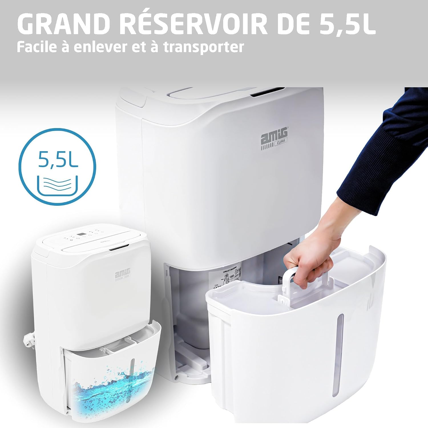  Amig – Déshumidificateur MIST - Capacité 25L/Jour - Régulation De L'humidité Et Minuterie - Réservoir D'eau Amovible 5,5L - 36x28x56 Cm - 370W - Couverture 170m³/h - Silencieux 46 DB - Séchage Linge