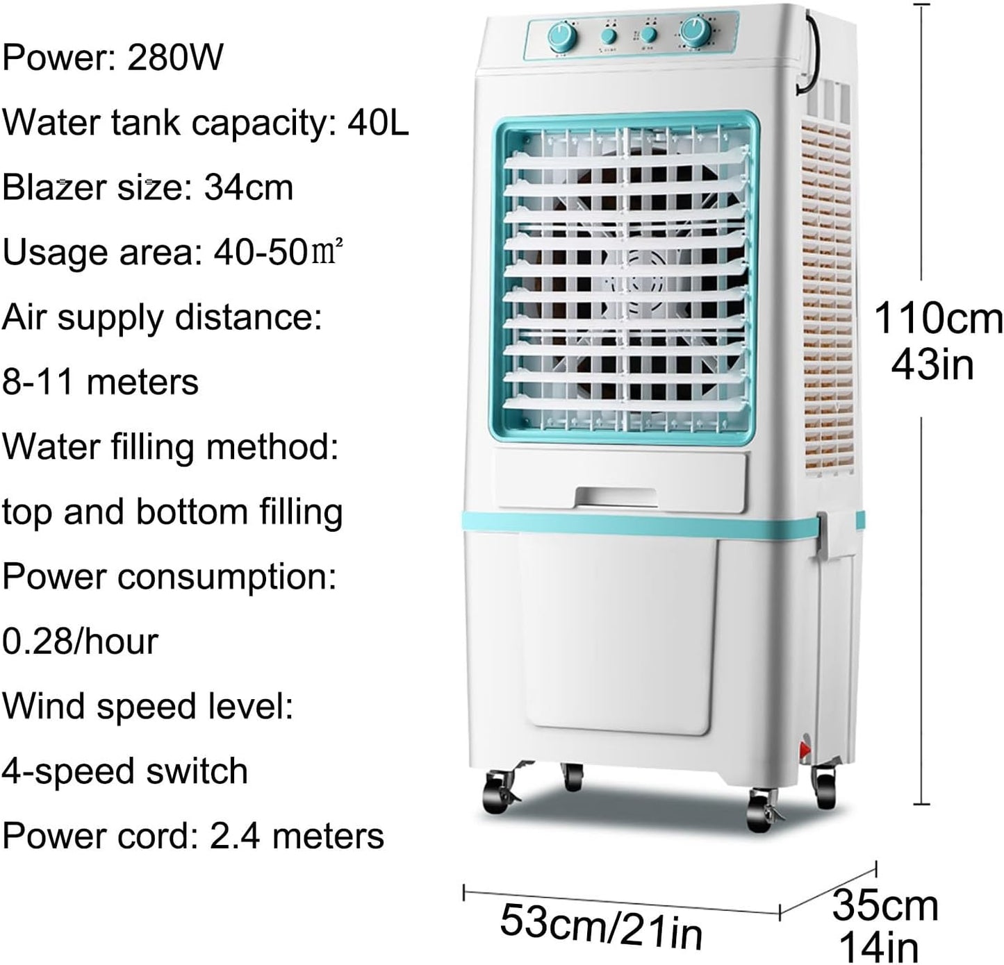 GENERIC 3 En 1 Refroidisseur D'évaporation, Climatiseur Portable De Marais De 40L Avec Ventilateur à 3 Vitesses, Oscillation à 120 °, Contrôle De Bouton Pour Les Grandes Pièces, Usine, Utilisation En Plein Ai