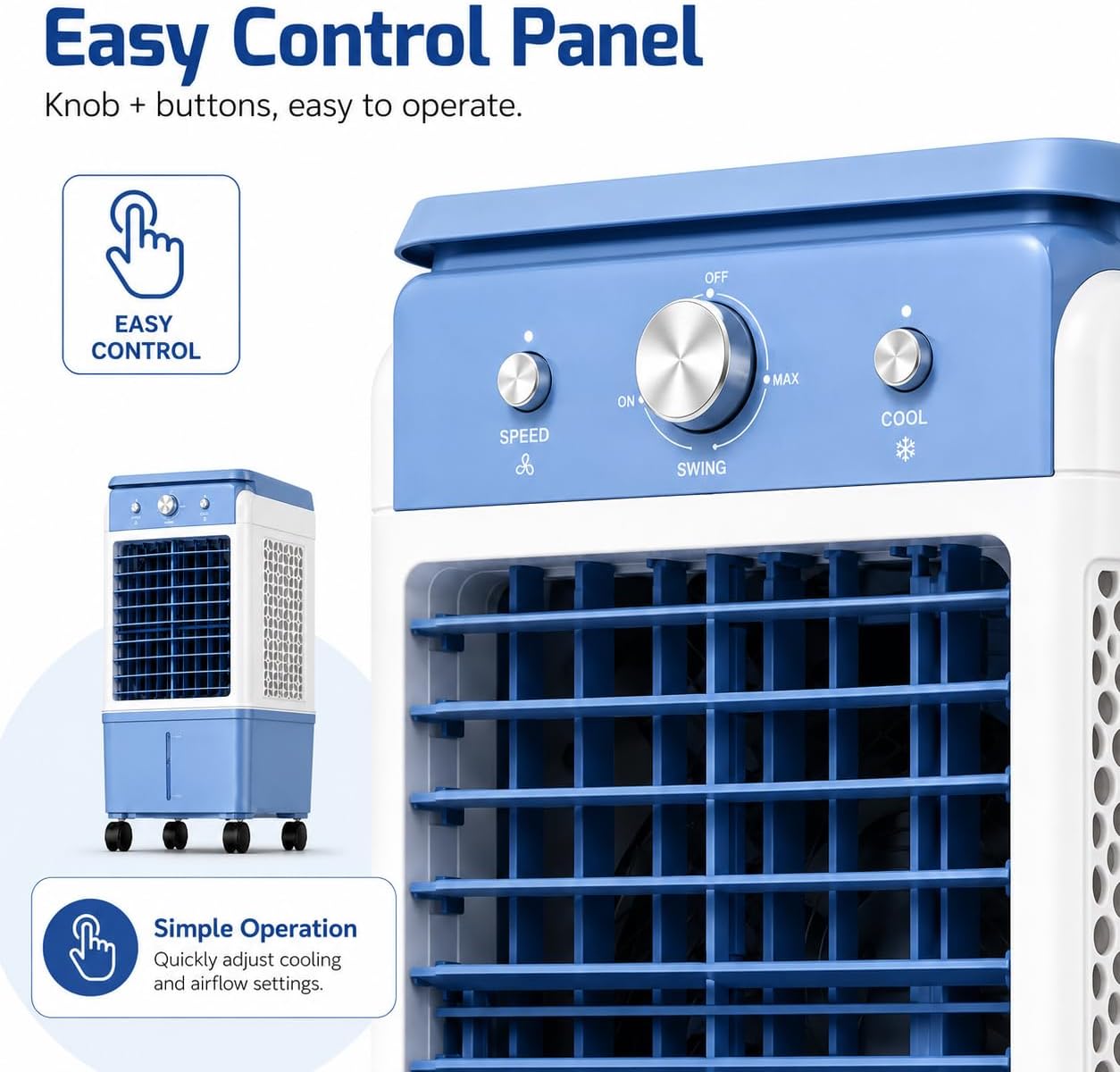  Rafraîchisseur D’Air Évaporatif Avec Grand Réservoir D’Eau, Refroidisseur D'air Mobile Avec Roulettes, Panneau De Contrôle Simple, Pour Maison Chambre Salon Bureau Blue B