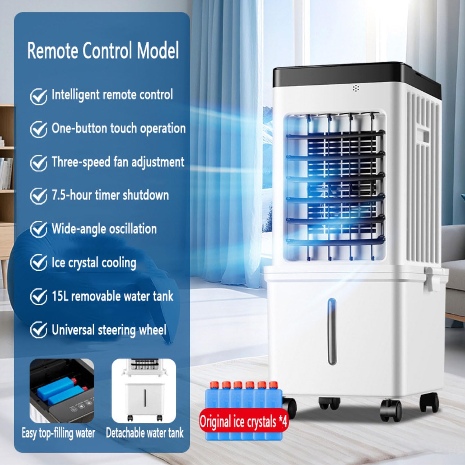GENERIC Refroidisseur évaporatif Mobile 75W, Réservoir 15L, Oscillation 90°, Télécommande, 3 Modes, économie De Calme Et D'énergie Pour Les Chambres Et Le Bureau