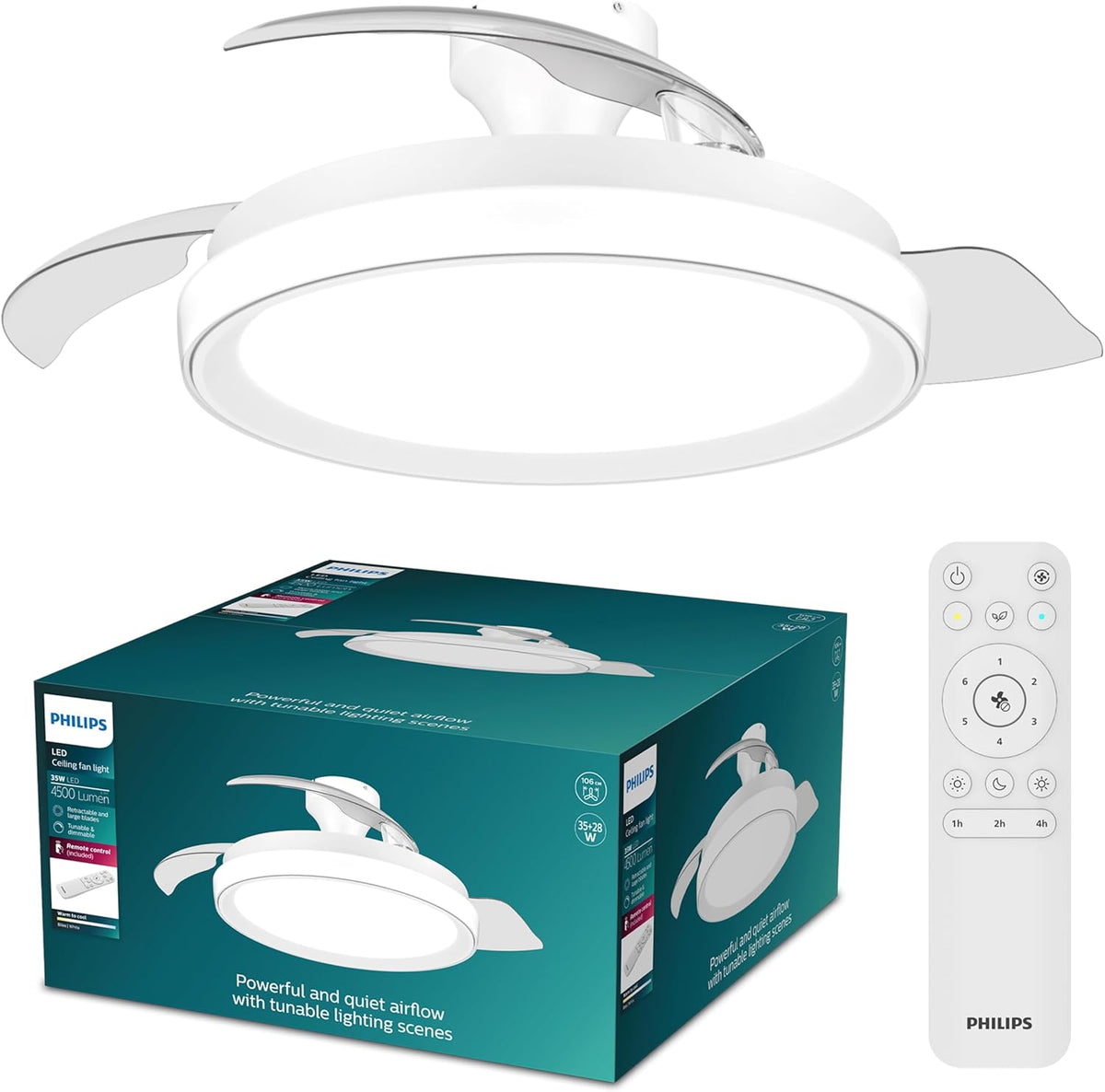  PHILIPS Solr Ventilateur à Pales Rétractables Avec LED, 3 Pales, Envergure 106 Cm, 4500 Lumens, 3 Nuances De Lumière Blanche (2700 K/4000 K/5500 K), Gradation Jusqu'à 10%, Avec Télécommande, Blanc