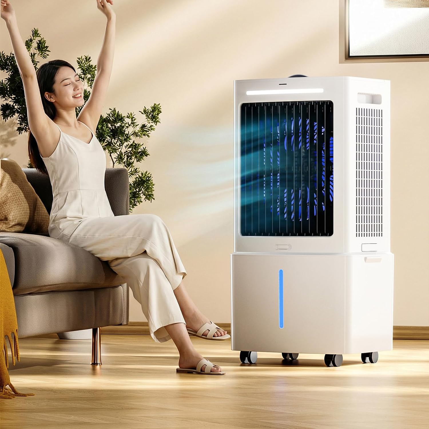 GENERIC Rafraîchisseur D'Air Autonome 4-en-1, Ventilateur Humidificateur Avec Grand Bac 25L Amovible, Circulation D'Air 800 M³/h, Oscillation 90°, Machine Sans Tuyau Avec Télécommande, Blanc