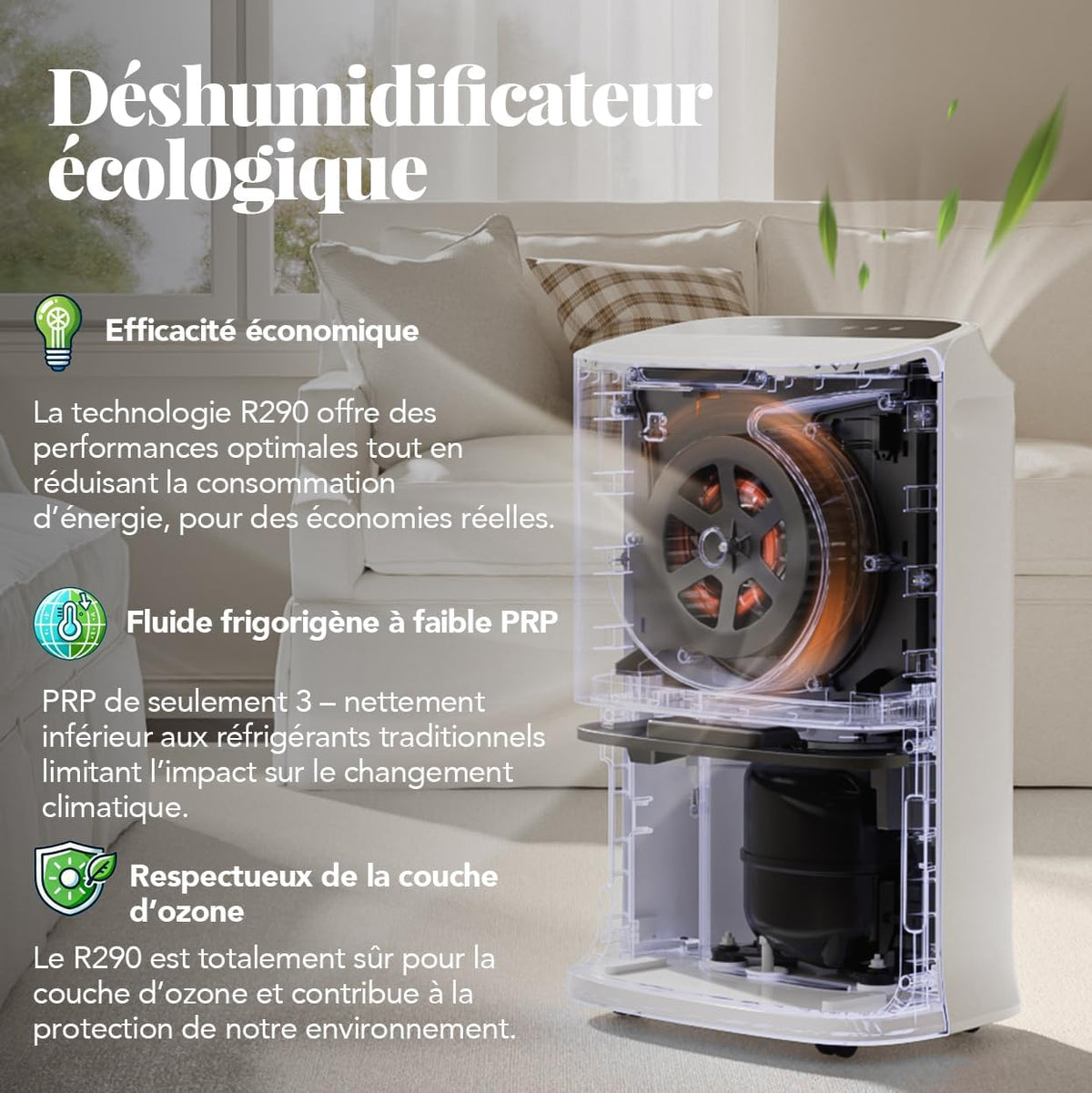  Déshumidificateur Intelligent 22 L/jour Pour La Maison, La Cave, La Chambre à Coucher – Silencieux, Puissante évacuation De L'humidité, Dégivrage Automatique, Verrouillage Enfant, Filtre à