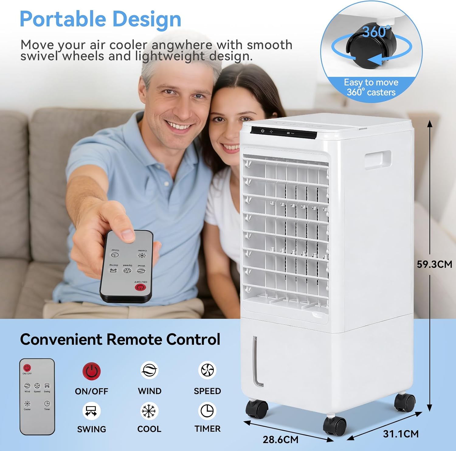 GENERIC Refroidisseur D'air Par évaporation, Refroidisseur Portable De 7 L Avec 3 Vitesses De Ventilateur, 4 Blocs De Glace, Télécommande Et Minuterie De 7,5 H, Affichage LED, Humidification Et Oscillation