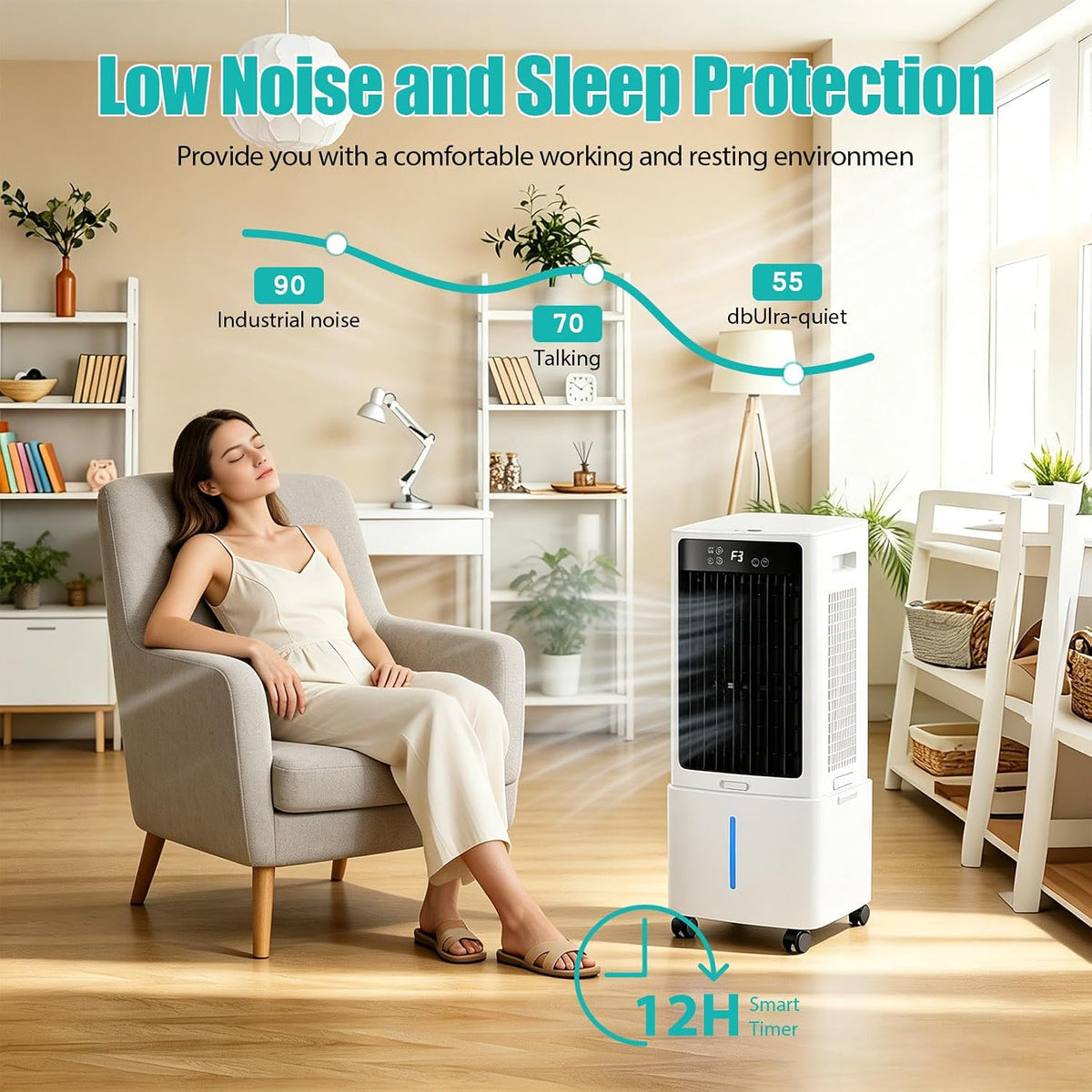 GENERIC Humidificateur Et Refroidisseur Sans Fenêtre, Système Évaporatif 12L Avec Débit 800 M³/h, 3 Vitesses, Oscillation 90°, Minuterie 12H Pour Salon Et Espace De Travail