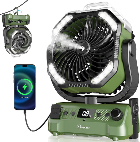  Ventilateur Camping Silencieux Avec Lumière, Ventilateur Sans Fil Portable, Mist Fan Batterie Rechargeable 20000mAh Avec Rotation Et Minuterie, Crochet De Suspension Pour Car Extérieur Bureau - Vert