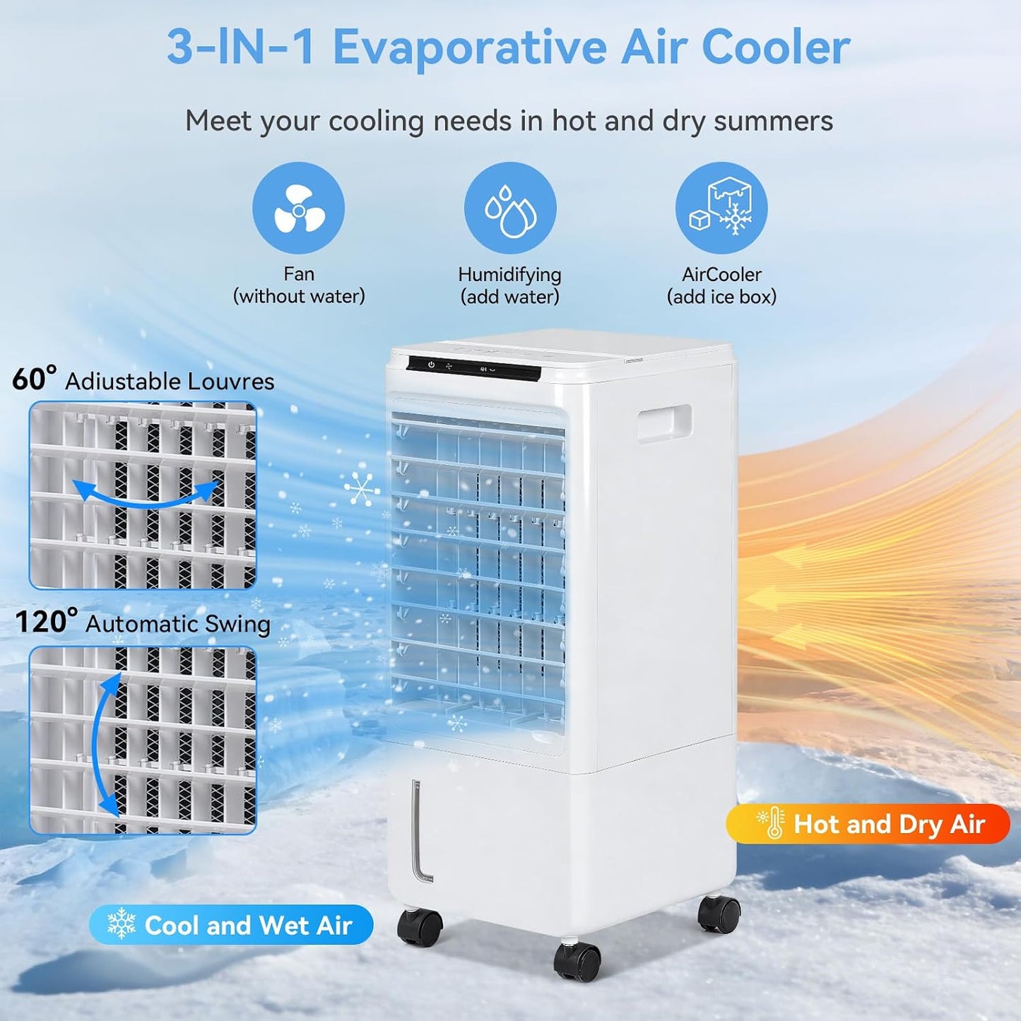 GENERIC Refroidisseur D'air Par évaporation, Refroidisseur Portable De 7 L Avec 3 Vitesses De Ventilateur, 4 Blocs De Glace, Télécommande Et Minuterie De 7,5 H, Affichage LED, Humidification Et Oscillation