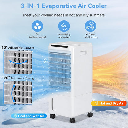 GENERIC Refroidisseur D'air Par évaporation, Refroidisseur Portable De 7 L Avec 3 Vitesses De Ventilateur, 4 Blocs De Glace, Télécommande Et Minuterie De 7,5 H, Affichage LED, Humidification Et Oscillation