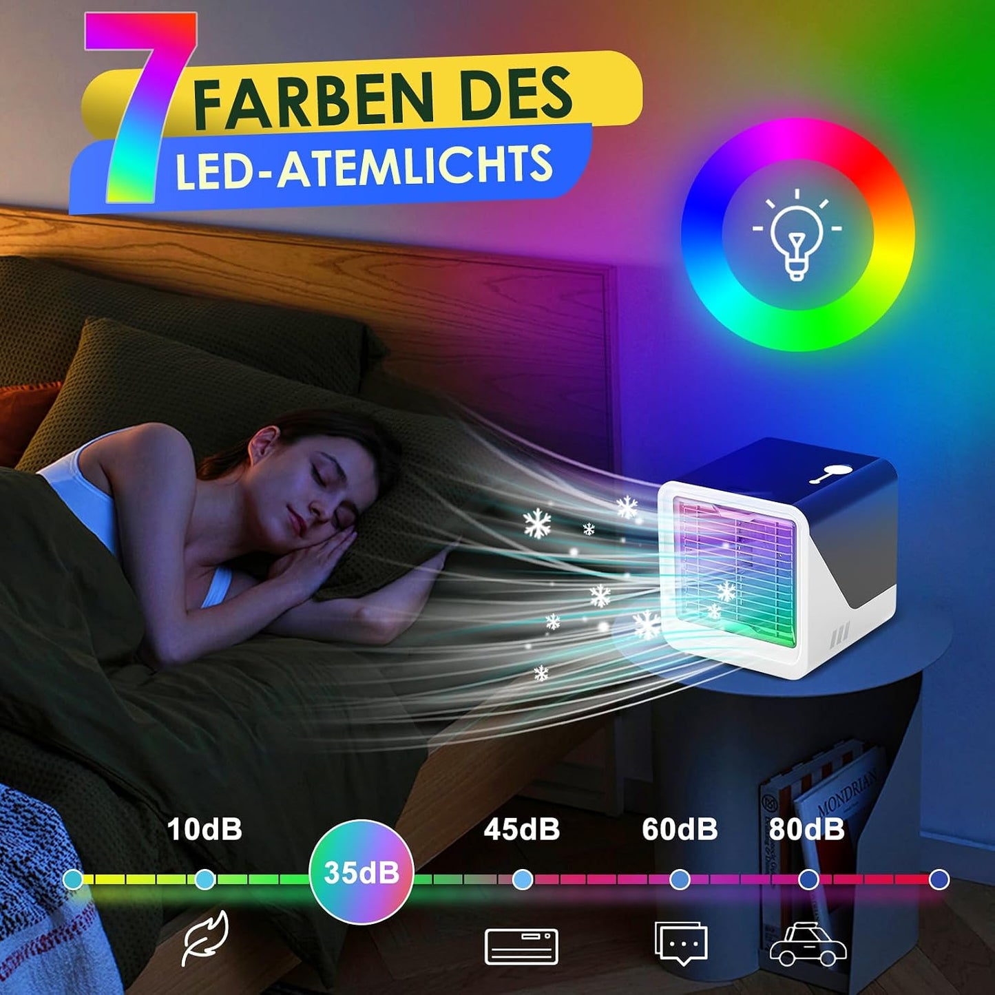  Climatiseur Mobile 3 En 1, USB Rafraîchisseur D’Air Sans Évacuation, 500ML, 3 Vitesses, Lumière LED 7 Couleurs, Ventilateur Silencieux Par Eau Pour Chambre Et Bureau