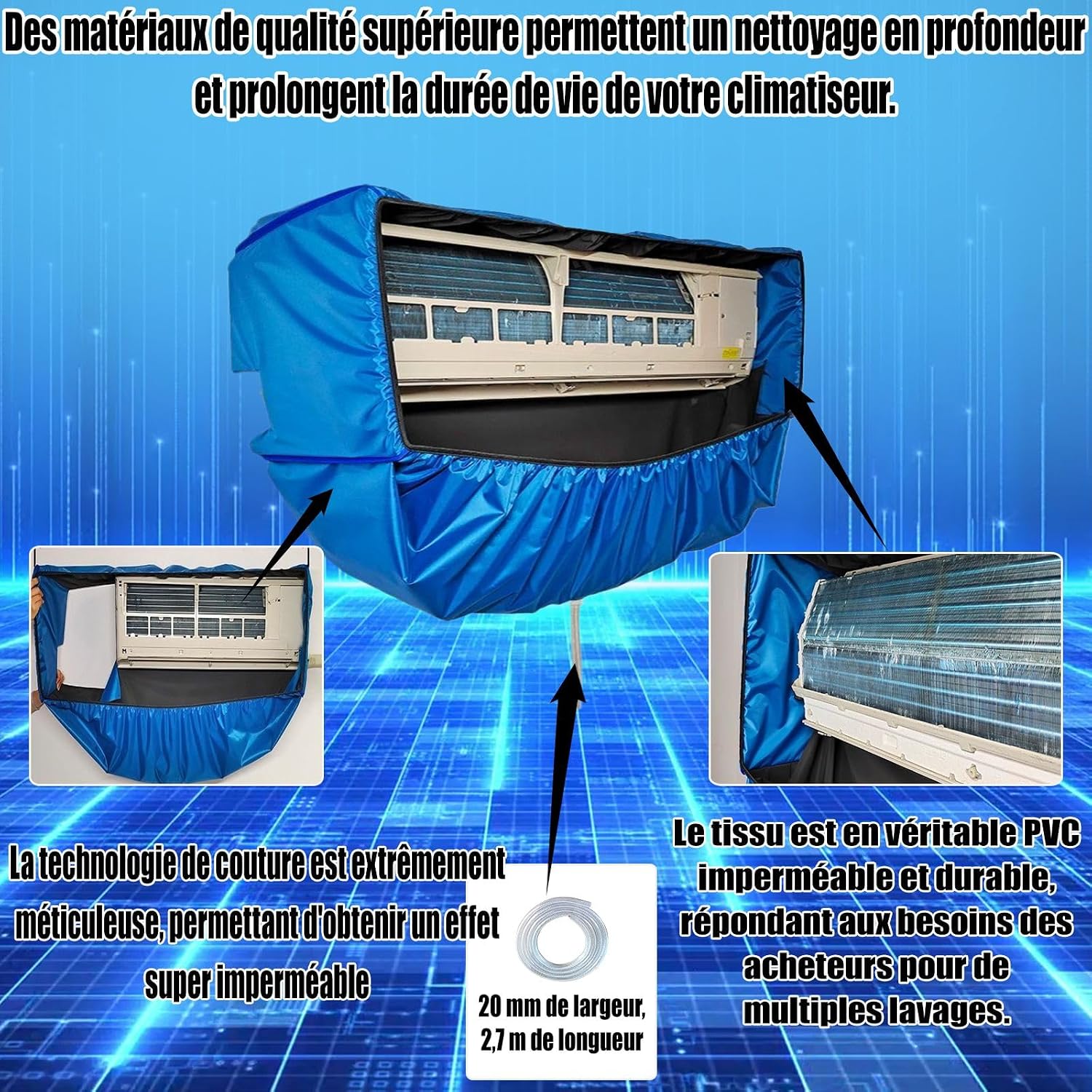  Kit De Nettoyage Pour Climatiseur Split(Panneaux Latéraux Améliorés), Avec Un Espace Supplémentaire Sac De Nettoyage Pour Climatiseur Split(Bleu Foncé, Grand, 18 Pièces)