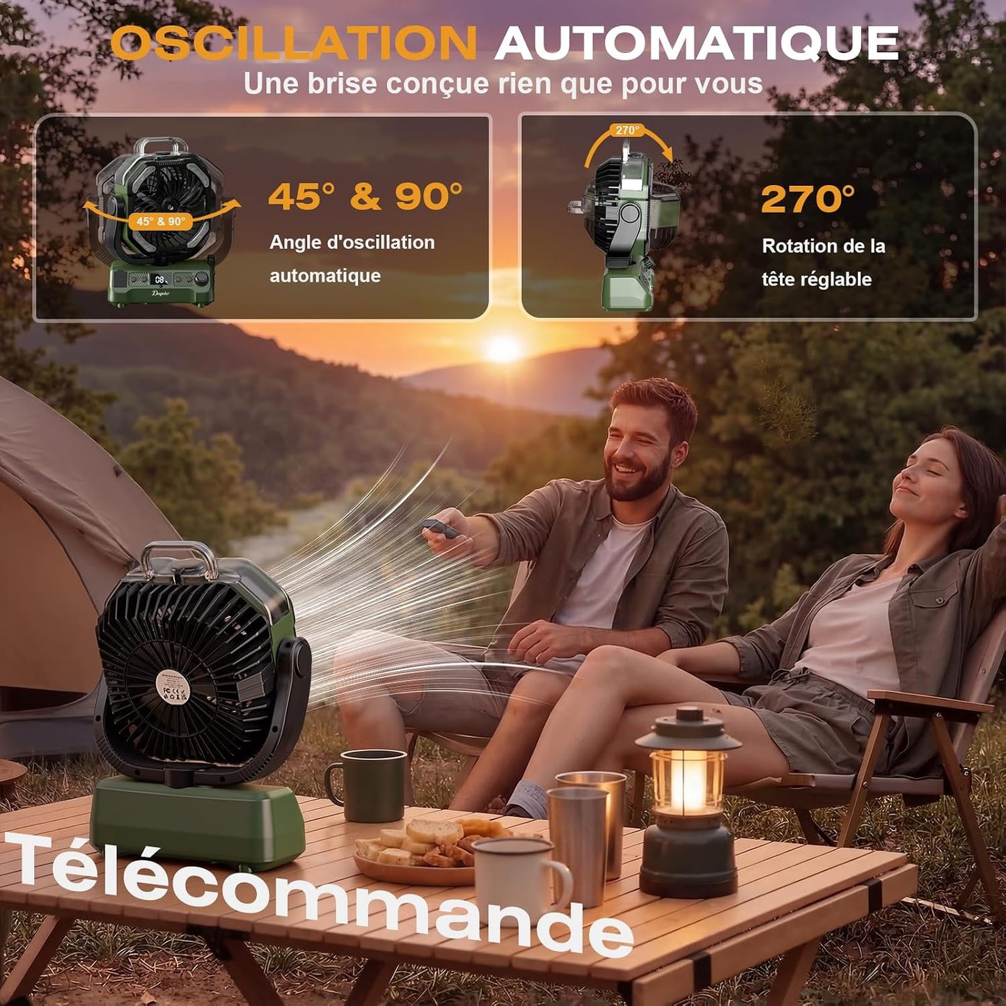  Ventilateur Camping Silencieux Avec Lumière, Ventilateur Sans Fil Portable, Mist Fan Batterie Rechargeable 20000mAh Avec Rotation Et Minuterie, Crochet De Suspension Pour Car Extérieur Bureau - Vert