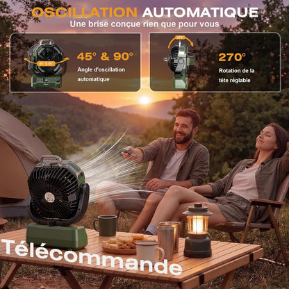  Ventilateur Camping Silencieux Avec Lumière, Ventilateur Sans Fil Portable, Mist Fan Batterie Rechargeable 20000mAh Avec Rotation Et Minuterie, Crochet De Suspension Pour Car Extérieur Bureau - Vert