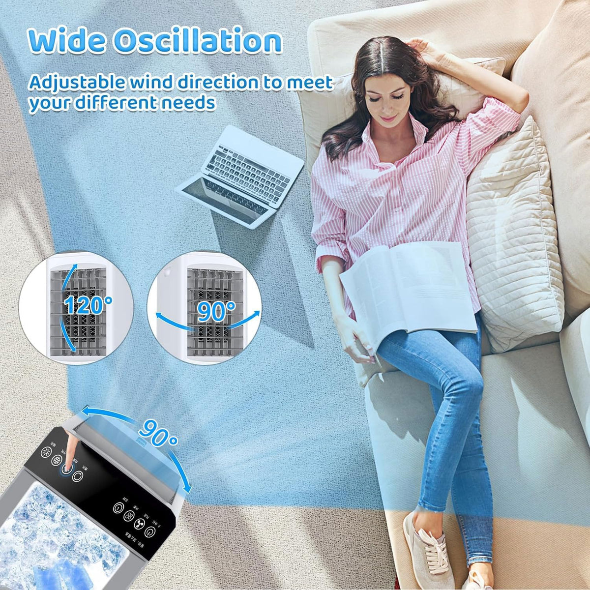 GENERIC Refroidisseur D'air Portable, 3 En 1 AC évaporatif Avec Télécommande, 60W économiseur D'énergie, Oscillation à 90 °, Humidificateur Silencieux Pour Bureau à Coucher, 4 Roues Facile à Déplacer, Pas De