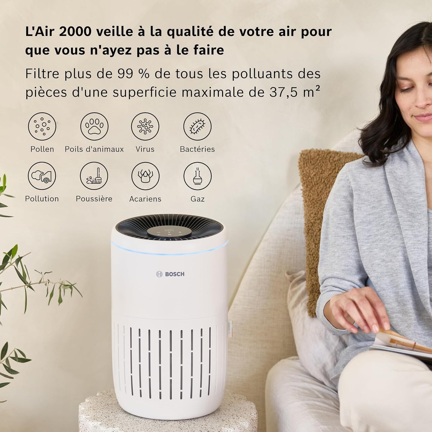  Bosch Air 2000 Purificateur D'air - Élimine Les Polluants, Avec Un Filtre à Air Et Un Mode Sommeil (< 25 DB(A)) - Pour Jusqu'à 37,5 M² - Avec Capteur Intelligent Et Mode Automatique - CADR : 180 M³/h